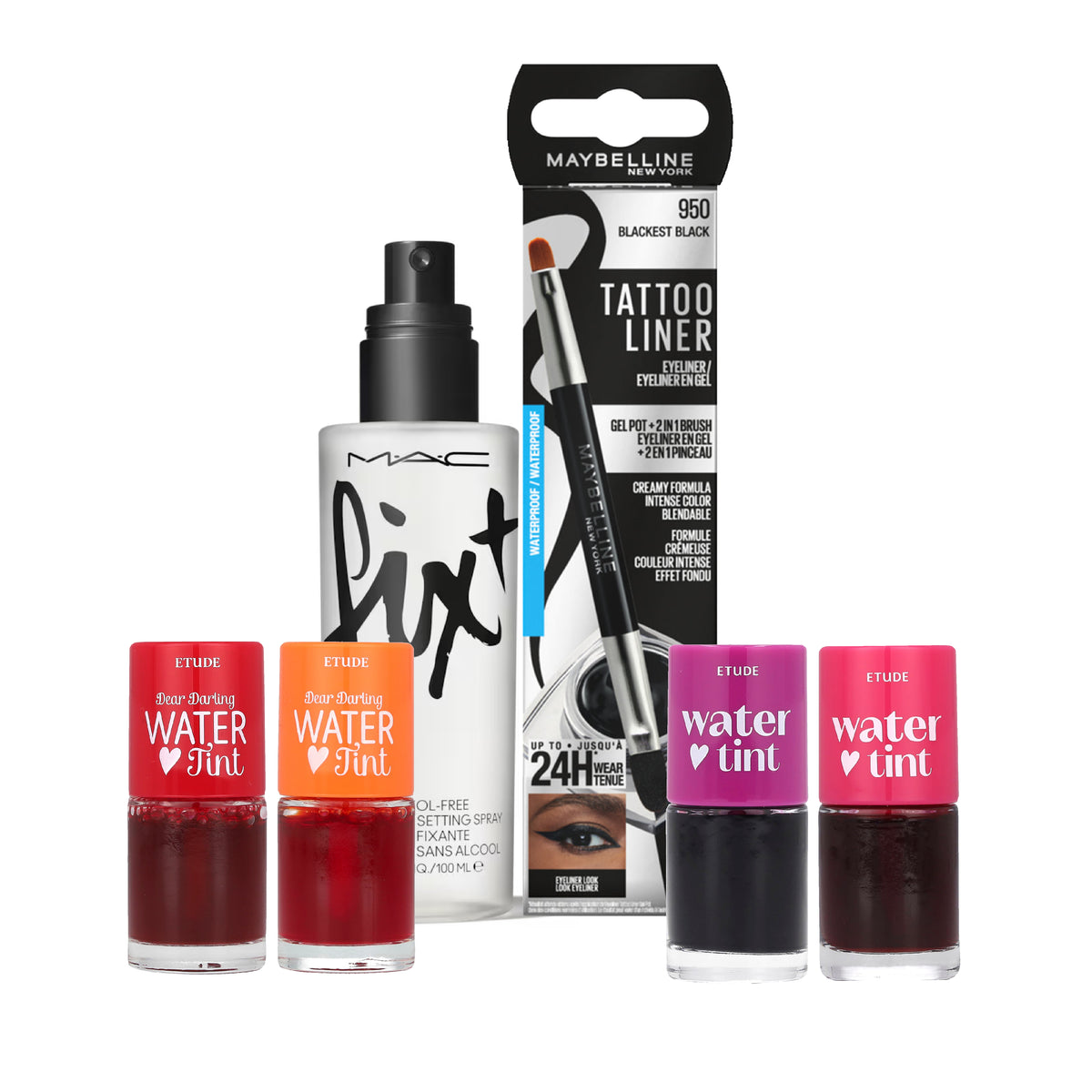 Makeup Bundle – MAC Fix+ Setting Spray, Etude Lip Tint & Maybelline Tattoo Liner (3-Piece Set)