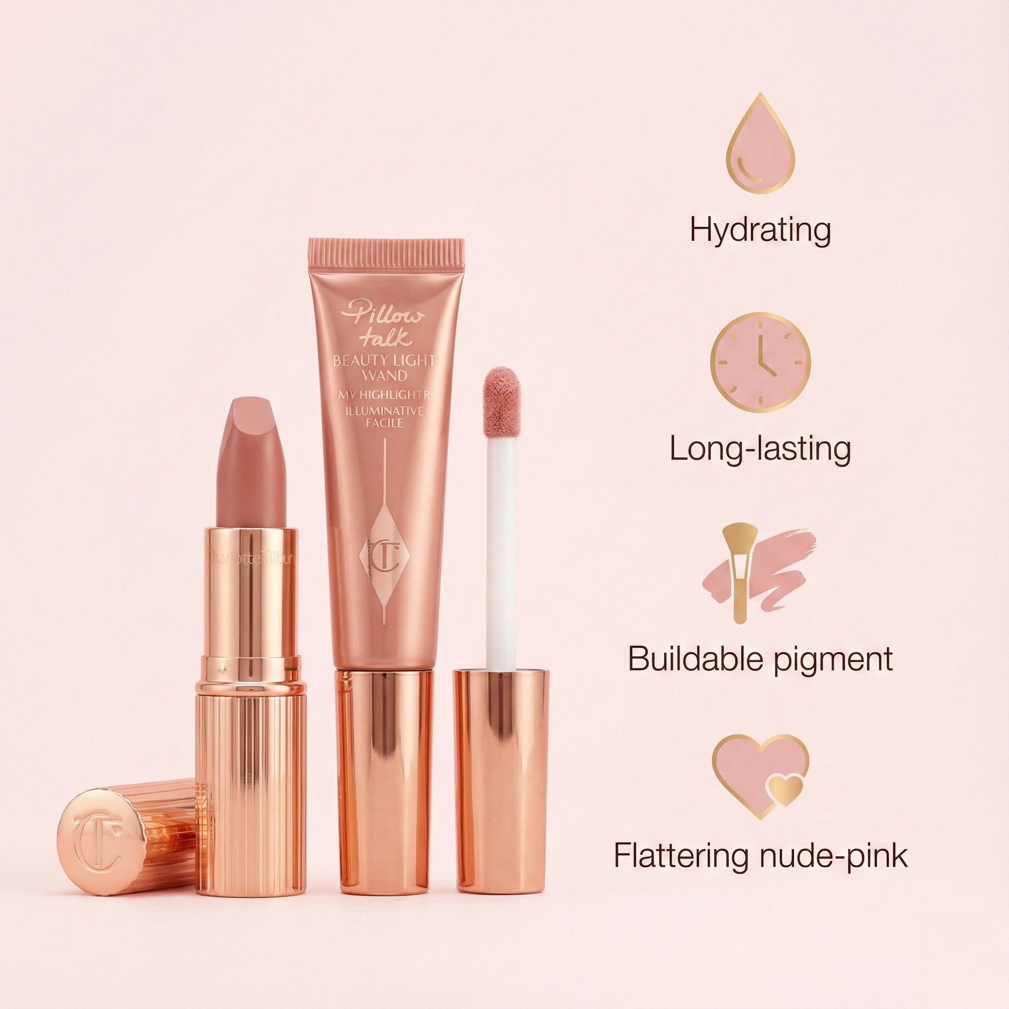 Lipstick and lip gloss with product features on a pink background
